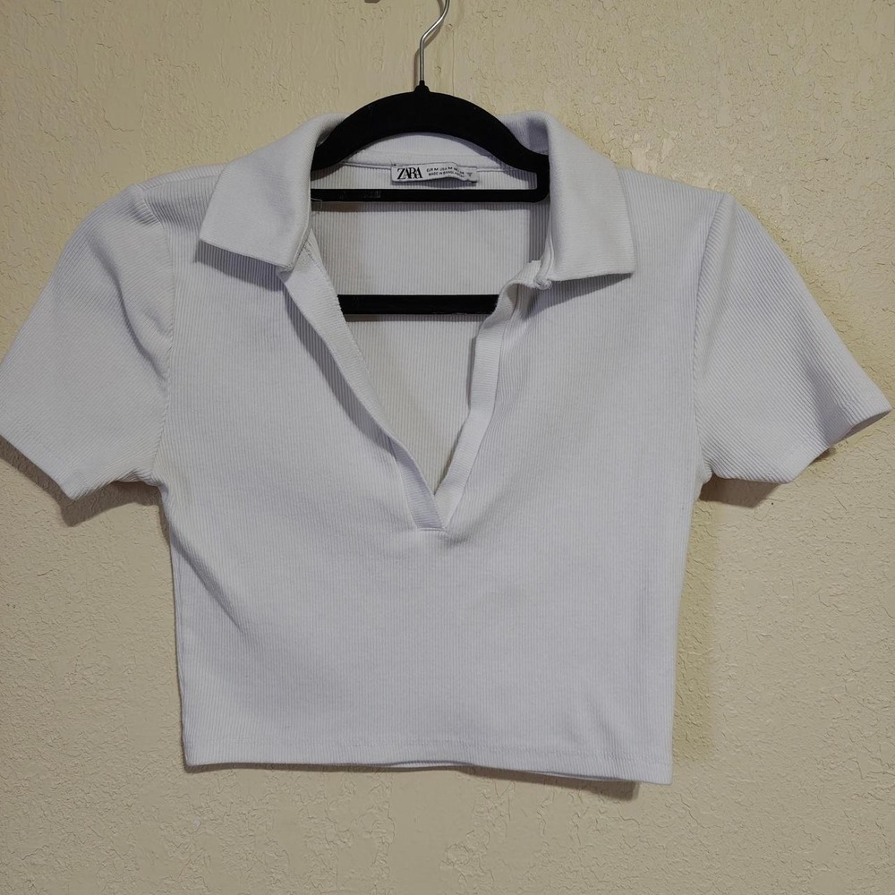 Zara Womens White Ribbed Cropped Polo Shirt V-Neck Short Sleeve Top Size M